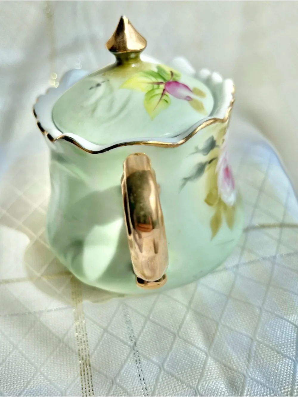 LEFTON Vintage China Hand Painted Floral Porcelain Sugar Bowl and Gilded Handles